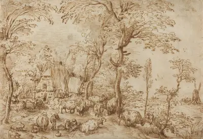 Peasants and Cattle near a Farmhouse av Pieter Bruegel The Elder