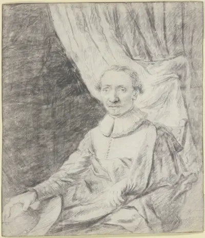 Porträt eines Mannes im Mantel, den Hut in der Hand, vor einem Vorhang sitzend av Frans van Mieris the Elder
