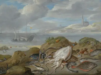Still Life With Cuttle Fish, Plaice, Cod, Mussels And Other Fish On A Dune, A Church Across A River Estuary Beyond, Jan Van Kessel The Elder