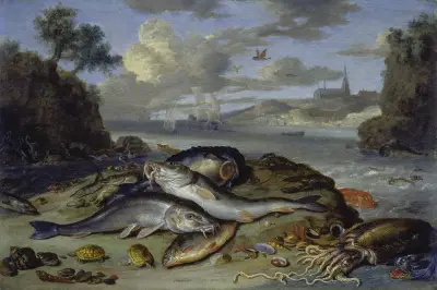 Still Life with Fish and Sea Animals in a Coastal Landscape, Jan Van Kessel The Elder