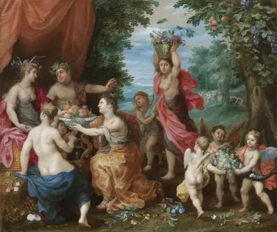 A Bacchanal With Ceres, Bacchus And Venus av Jan Brueghel the Younger