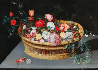 A basket with spring flowers on a stone table av Jan Brueghel the Younger