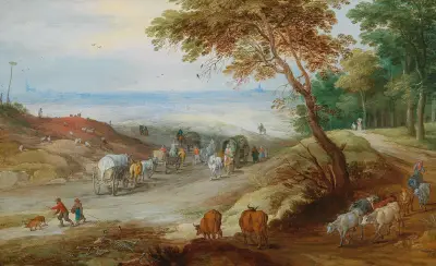 An extensive hilly landscape with travellers on a path and cattle in the foreground av Jan Brueghel the Younger
