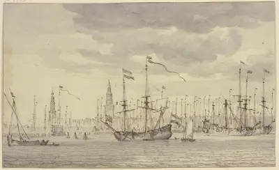 Ansicht eines Hafens mit vielen Schiffen und einer Stadt mit zwei Kirchtürmen (Amsterdam) av Willem van de Velde the Younger