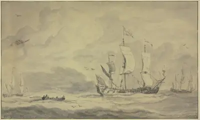 Ein Dreimaster nach rechts segelnd, dahinter ein Ruderboot av Willem van de Velde the Younger
