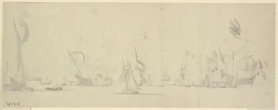 Eine Flotte, rechts das reich beflackte Admiralsschiff, umgeben von vielen Booten av Willem van de Velde the Younger