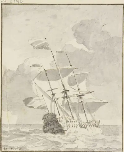 Großes Schiff von links nach rechts segelnd av Willem van de Velde the Younger