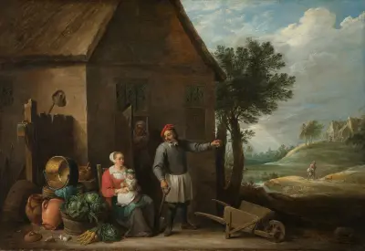 Sedlák u dveří chalupy se sedící ženou a dítětem, David Teniers The Younger