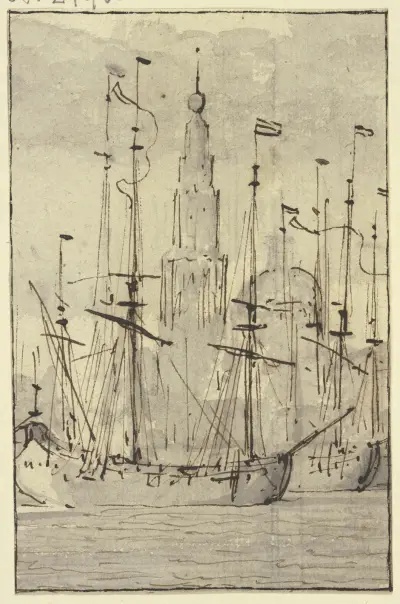 Schiffe, vor einer Kirche liegend av Willem van de Velde the Younger