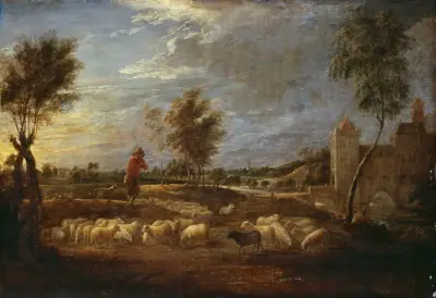 Krajina při západu slunce s pastýřem a jeho stádem, David Teniers The Younger