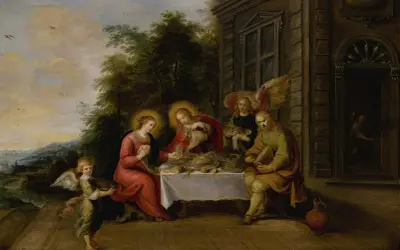 The Holy Family Dining Outdoors While Served By Angels av Frans Francken the Younger