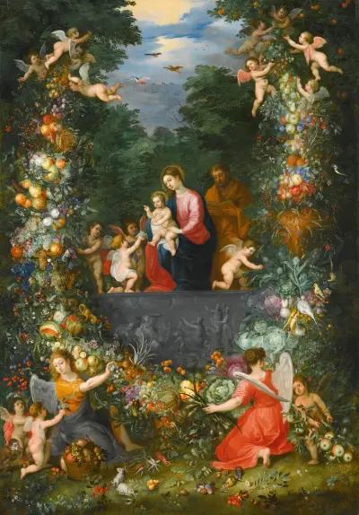 The Holy Family Within A Garland Of Fruit, Flowers And Vegetables Held By Angels av Jan Brueghel the Younger