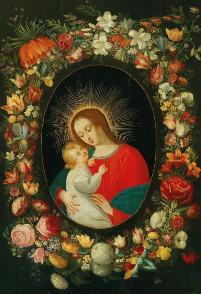 The Virgin and Child in a cartouche surrounded by a garland of flowers av Jan Brueghel the Younger