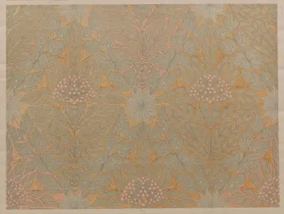 Geometric pattern of stylized gray-green foliage among pink berries, chrysanthemums and butterflies av Theo Nieuwenhuis