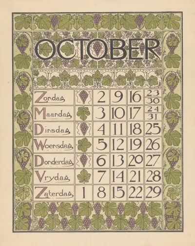 Kalenderblad voor oktober 1898 av Theo Nieuwenhuis
