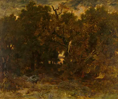 Leaving the Forest, Fontainebleau; Setting Sun av Théodore Rousseau