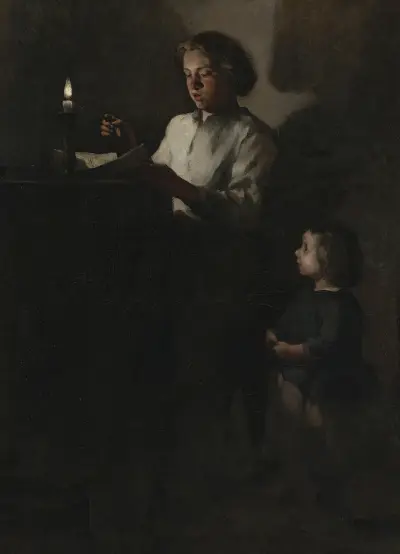 Reading by candlelight av Théodule Ribot