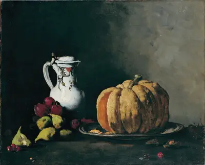 Still Life with Pumpkin, Plums, Cherries, Figs and Jug av Théodule Ribot