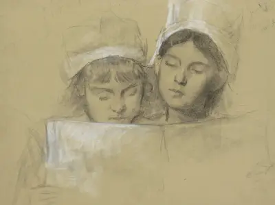 Twee meisjes met witte mutsen, lezend in een boek av Thérèse Schwartze