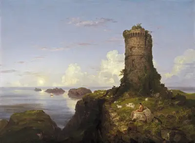 Italian Coast Scene with Ruined Tower av Thomas Cole
