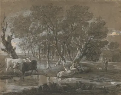 Měsícem osvětlená krajina s dobytkem u tůně, Thomas Gainsborough