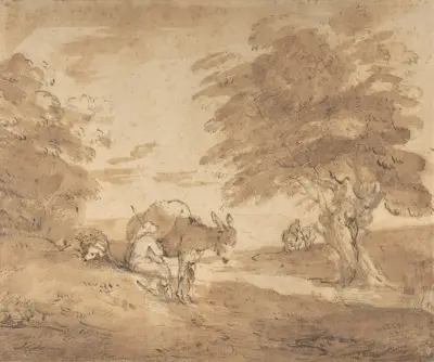 Odpoczynek przy drodze (Otwarty krajobraz z postaciami, osłem i końmi), Thomas Gainsborough