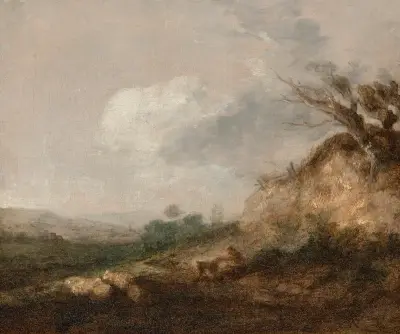 Pasterz z psem w krajobrazie, stado odpoczywające przy wydmie na pierwszym planie, Thomas Gainsborough