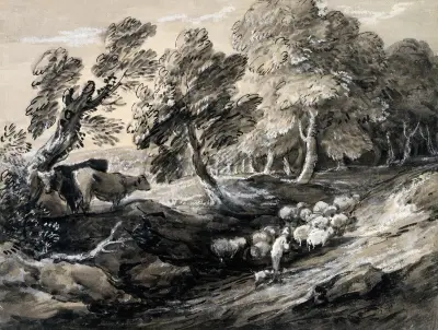 Pasáček ženoucí stádo ovcí lesem, Thomas Gainsborough