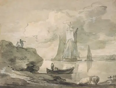 Pobřežní scéna s loděmi, postavami a krávami, Thomas Gainsborough