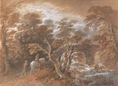 Hilly Landscape with Figures Approaching a Bridge av Thomas Gainsborough