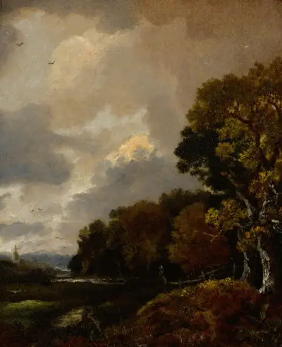 Krajobraz z drzewami i polem, wieża kościelna w oddali, Thomas Gainsborough