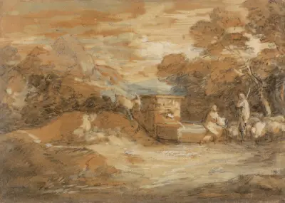 Pejzaż górski z postaciami, owcami i fontanną, Thomas Gainsborough