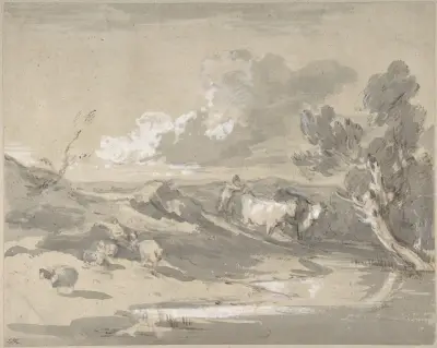 Otwarty krajobraz z pasterzem, krowami i owcami, Thomas Gainsborough