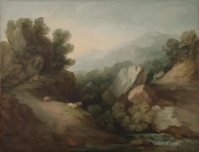Skalnatá zalesněná krajina s údolím a jezem, Thomas Gainsborough