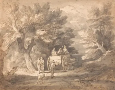 Lesní krajina s venkovským povozem a postavami scházejícími po stezce, Thomas Gainsborough