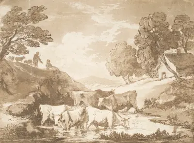 Leśny pejzaż z krowami przy wodopoju, postaciami i chatą, Thomas Gainsborough