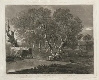 Wooded Landscape with Cows beside a Pool, Figures and Cottage, Thomas Gainsborough