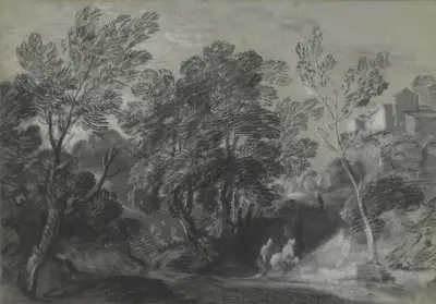 Leśny pejzaż z postaciami i domami na wzgórzu, Thomas Gainsborough