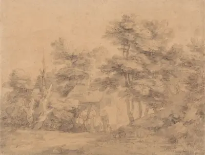 Lesnatá krajina s postavami, osly a chalupou, Thomas Gainsborough