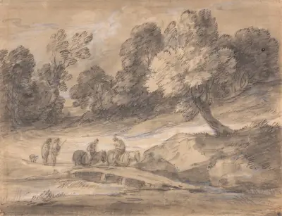Lesnatá krajina s jezdci na koních přejíždějícími most, Thomas Gainsborough
