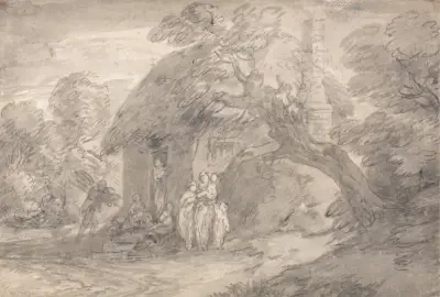 Zalesněná krajina s postavami přede dveřmi chalupy, Thomas Gainsborough