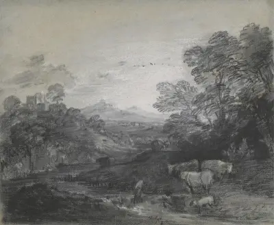 Zalesněná krajina s pastýři a dobytkem, budovami na kopci a venkovskými milenci, Thomas Gainsborough