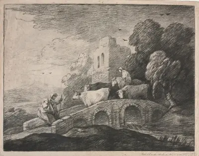 Wooded Landscape with Herdsmen Driving Cattle, Thomas Gainsborough