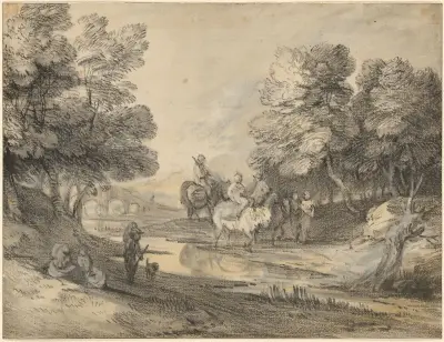 Leśny pejzaż z jeźdźcem, figurami i mostem, Thomas Gainsborough