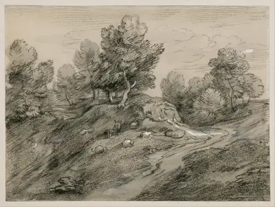 Zalesiony krajobraz wyżynny z pasterzem, owcami i wiejską drogą wijącą się wokół pagórka, Thomas Gainsborough