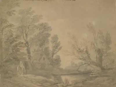 Lesnatá krajina s jezdcem u rybníka poblíž chalupy, Thomas Gainsborough