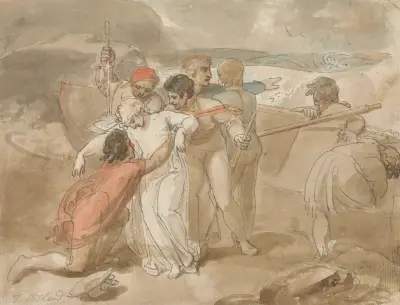 A Woman Rescued from the Sea and Assisted Ashore, Rowing Boat and Rescuers in Background av Thomas Stothard