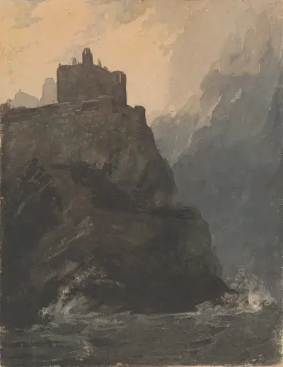 Castle on Cliff, with a Stormy Sea, and Shipwreck at Base of Cliff av Thomas Sully