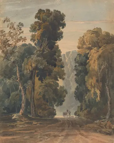 Horse, Cart and Driver on Wide, Tree-lined Lane av Thomas Sully