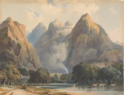 Mountain Scene with Stream, Cows and Figures av Thomas Sully
